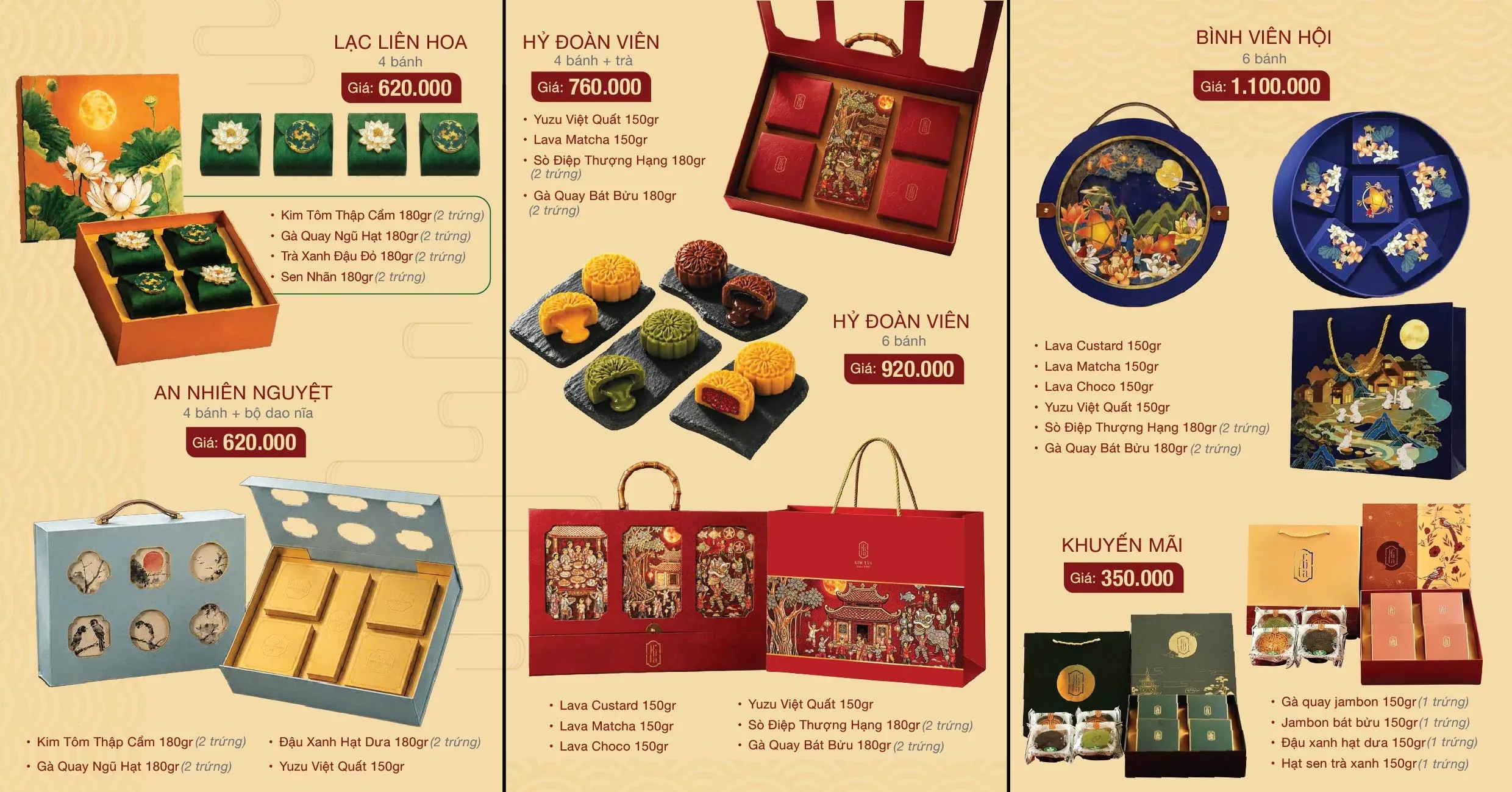 Brochure bảng giá hộp quà bánh trung thu Kim Tân - KiTa 2026: Lạc Liên Hoa 620.000đ, An Nhiên Nguyệt 620.000đ, Hỷ Đoàn Viên 760.000đ và 920.000đ, Bình Viên Hội 1.100.000đ, hộp khuyến mãi 350.000đ