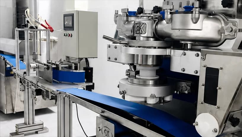 Dây chuyền tạo hình bánh trung thu với băng tải tự động và tủ điều khiển tại xưởng