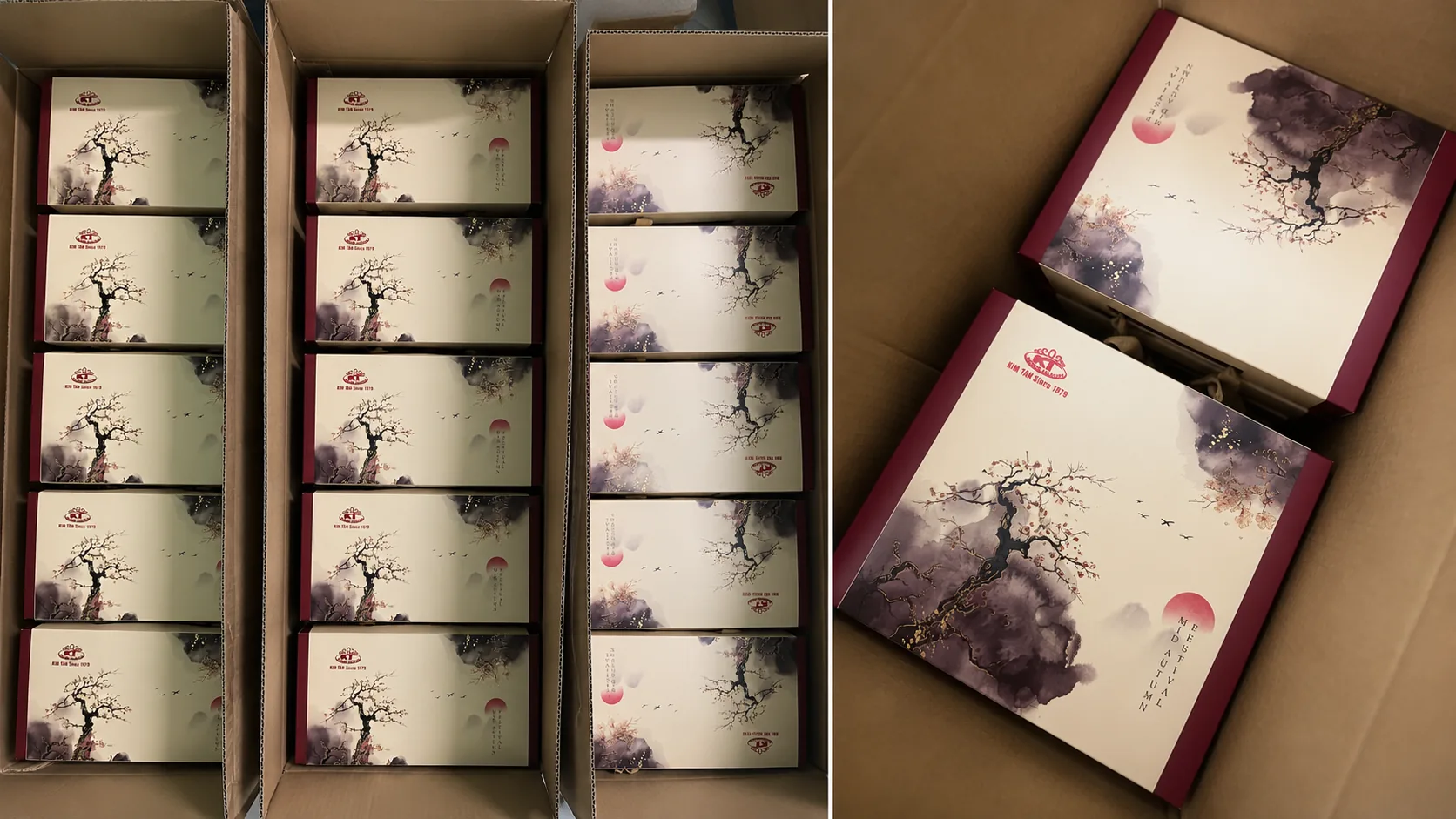 Nhiều hộp quà bánh trung thu hoạ tiết thuỷ mặc xếp thành hàng trong thùng carton cho đơn hàng lớn