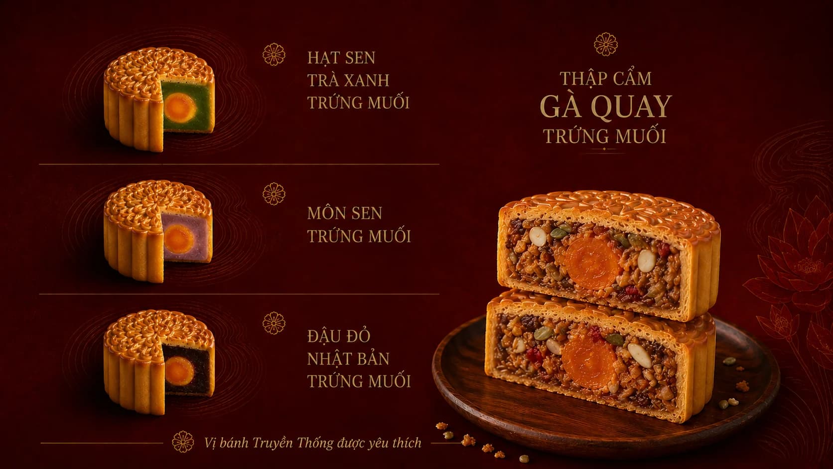 Bánh trung thu truyền thống Kim Tân - KiTa: hạt sen trà xanh, thập cẩm gà quay, môn sen, đậu đỏ Nhật Bản trứng muối